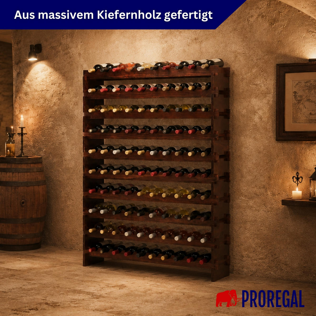 WEINREGAL NAVARRA aus Holz 135x103x28cm 100 Flaschen auf 10 Ebenen Braun geölt - Braun, Holz (103/135/28cm) - PROREGAL
