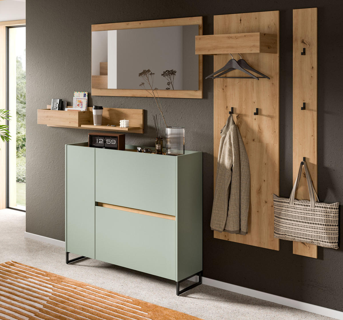 GARDEROBE-SET Salbei und Artisan Eiche, Garderobe 5-teilig, 236 x 192 cm, Soft-Close, Borga - Salbeigrün/Schwarz, Holzwerkstoff/Metall (236/192/32cm) - InnoFurn