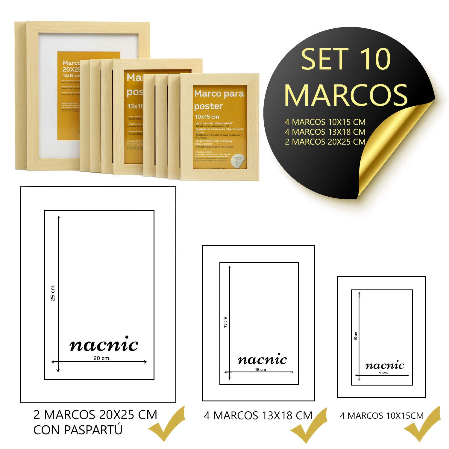 RAHMEN Set mit 10 aus MDF und Acrylglas Schutz und Aussteller für Fotografien, Bilder, Poster, Gemälde Farbe Hellholz 20x25, 13x18, 10x15 cm - Beige, Holz (20/3/25cm) - Nacnic