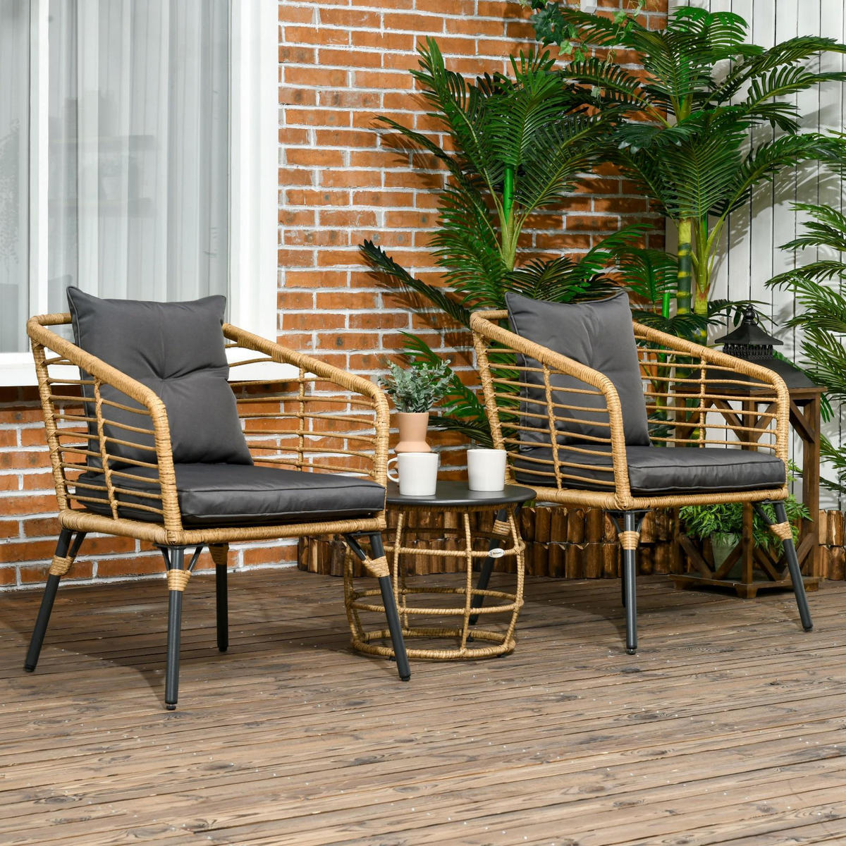 VRTNI bistro set 62/65/78 cm pješčane boje od čelika i PE ratana s jastucima i stolićem - siva, metal - OKWISH