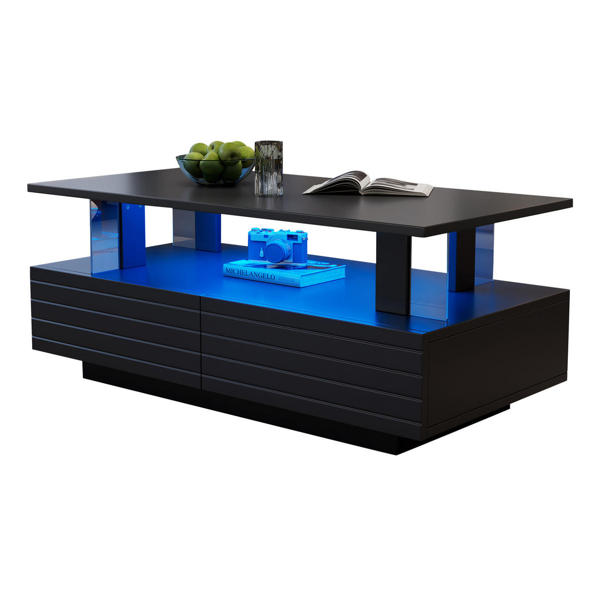 COUCHTISCH aus Acryl 100x50x42 cm Schwarz mit LED-Beleuchtung, App-Steuerung und 2 Schubladen - Schwarz, Holzwerkstoff (100/50/42.5cm) - Modfu