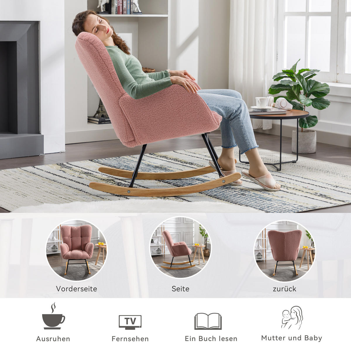 SCHAUKELSTUHL Teddy-Stoff mit gepolsterter Rückenlehne 80/70/95 cm Rosa - Rosa, Textil (70/95/80cm) - Redom