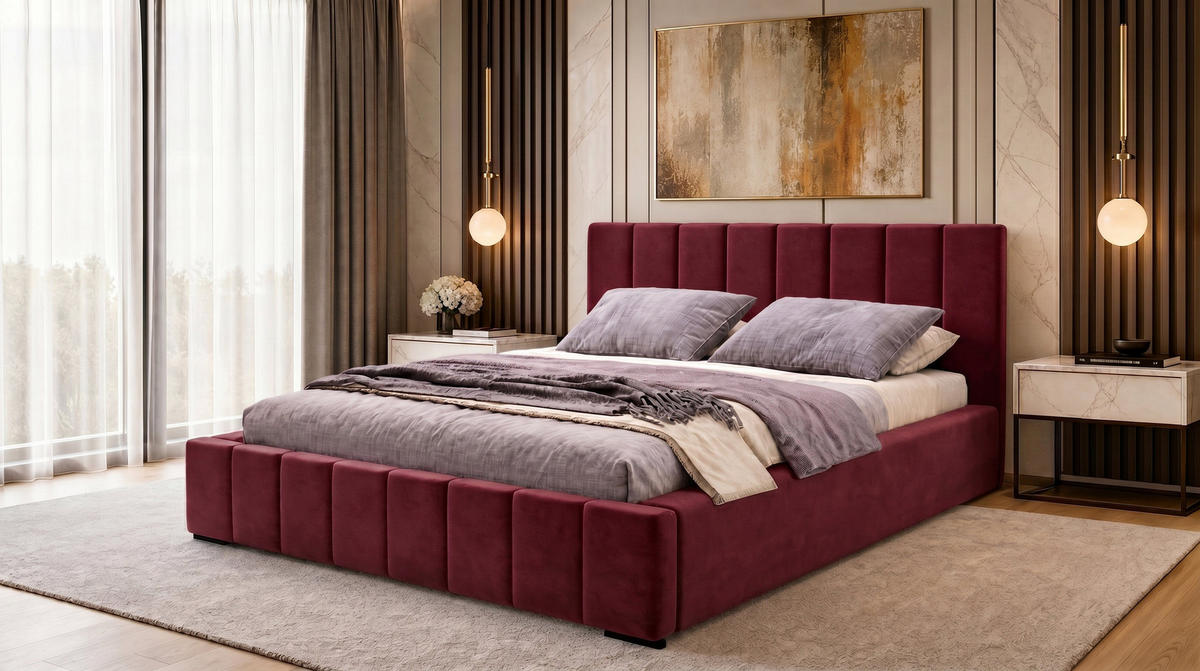 MARPUR Polsterbett NERO 180x200 cm mit Bettkasten und Lattenrost, Bordeaux - Chromfarben/Bordeaux, Holz/Holzwerkstoff (180/200cm) - Marpur