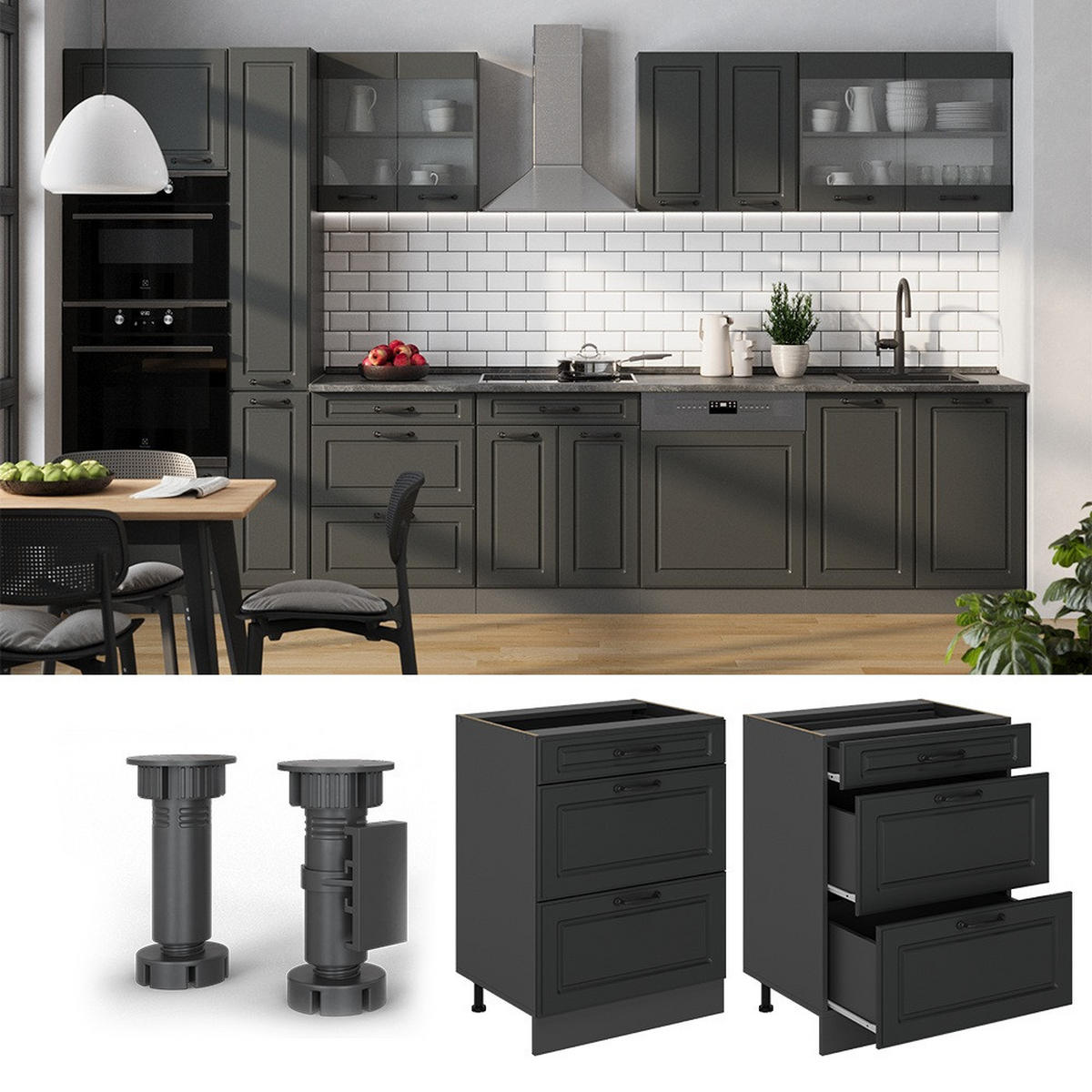 KÜCHENUNTERSCHRANK R-Line Anthrazit Landhaus 60 cm mit Schubladen, AP Anthrazit - Anthrazit, Holzwerkstoff (60/81.6/60cm) - Vicco