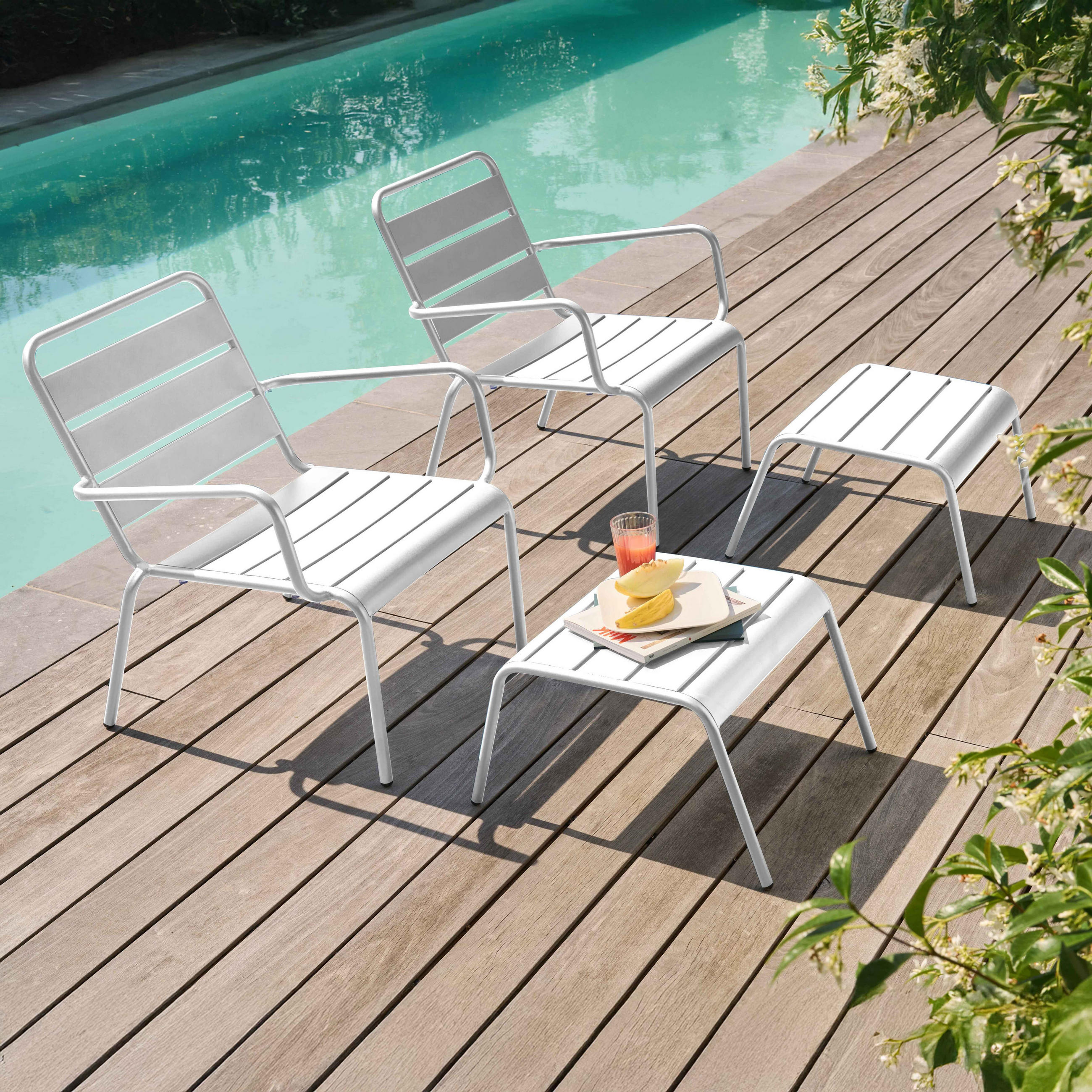 RELAXSESSEL MIT HOCKER 2-tlg., Weiß - Weiß, Metall (64/72/60cm) - Oviala