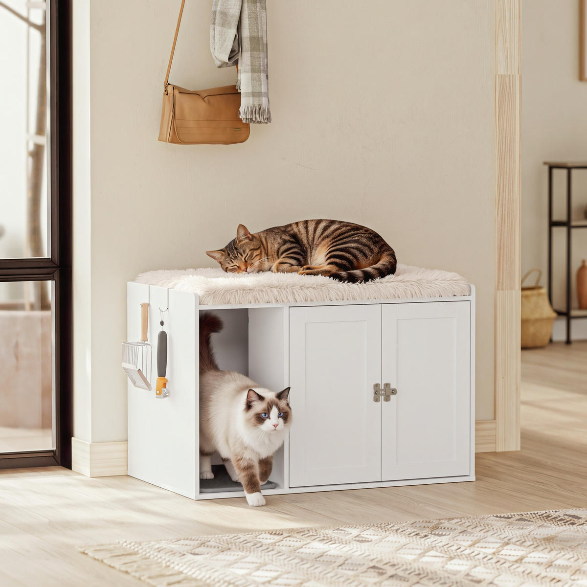 SITZBANK mit Aufbewahrung und Katzenklo-Verkleidung HAT07-E-W - Ahornfarben/Weiß, Holzwerkstoff/Fell (48/49.5/79.7cm) - SoBuy