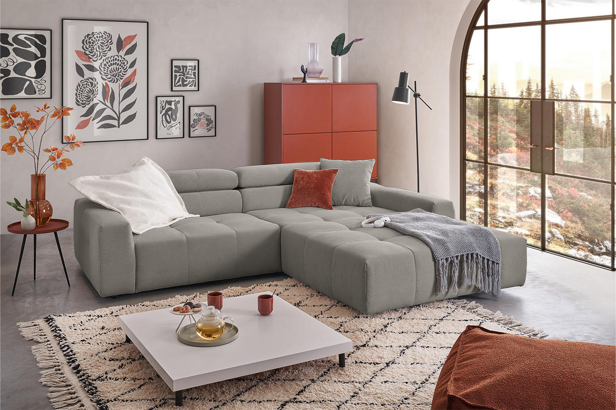 ECKSOFA MIT MOTORISCHEM SITZVORZUG RENO Grau Cord - Schwarz/Grau, Kunststoff/Textil (258/217cm) - KAWOLA