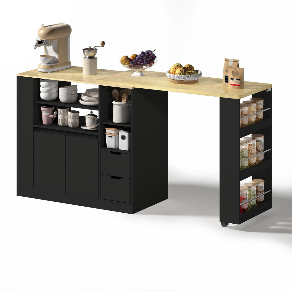 KÜCHENINSEL 115/50/92 cm aus MDF mit dreh- und ausziehbarer Arbeitsplatte Schwarz/Natur - Schwarz, Holzwerkstoff (115/92/50cm) - Modenvie