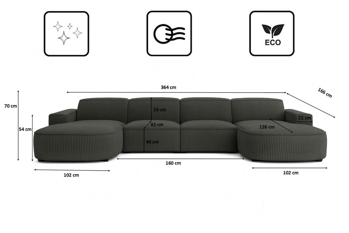 ECKSOFA Cursal Round U-Form, Stoff Poso, Grau - Grau, Holz (364/166cm) - Kaiser Möbel