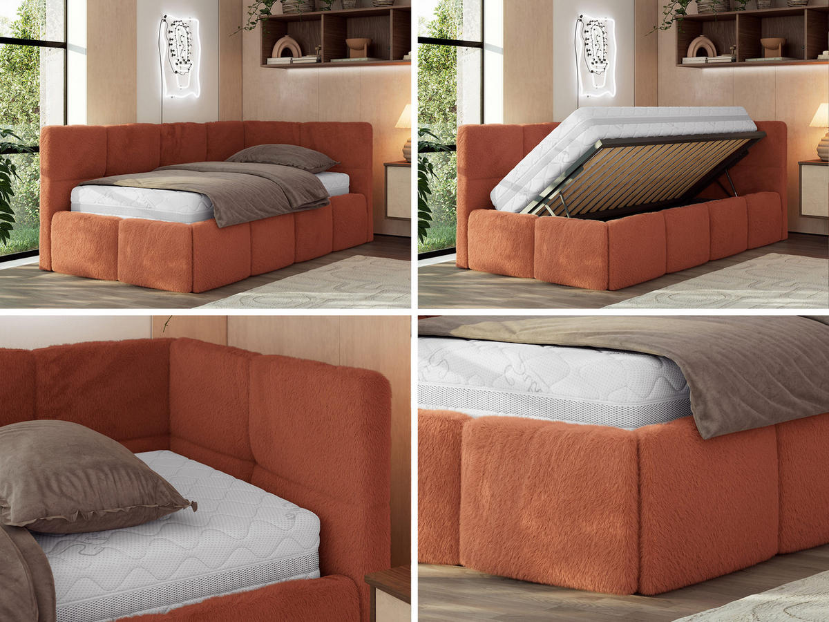 JUGENDBETT ARVO 90/200 - Orange Plüsch - Pocket-Matratze - Rechts Seite - Orange, Textil (90/200cm) - MKS