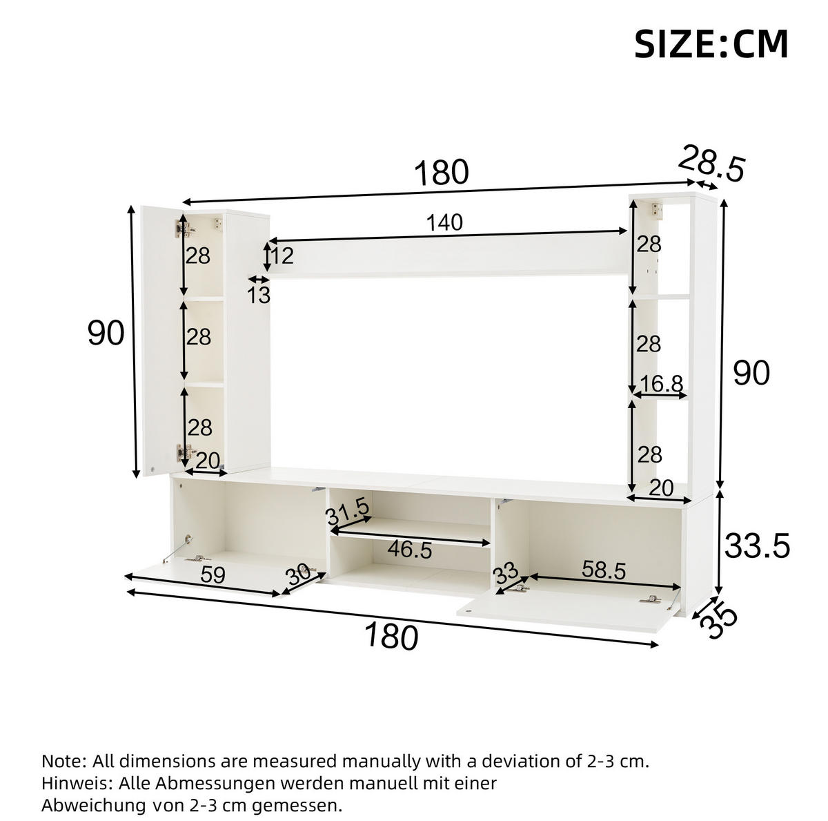TV nástěnná sestava 180/35/33,5 cm s úložným prostorem, závěsná i volně stojící, Bílá - bílá, kompozitní dřevo (180/33.5/35cm) - Redom