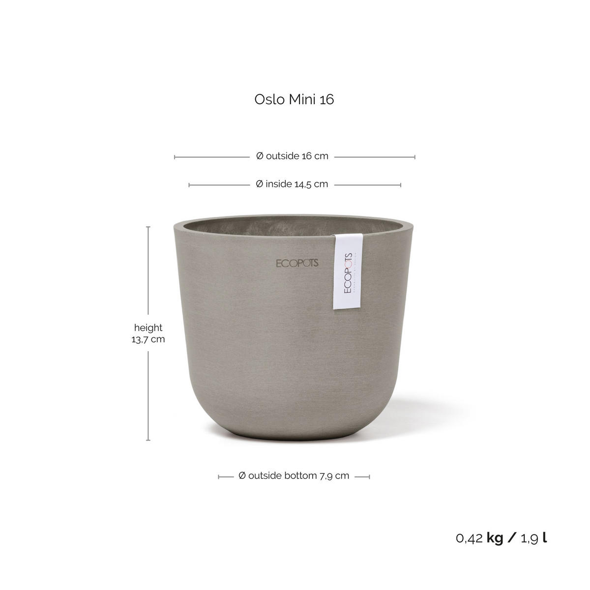 BLUMENTOPF Oslo Mini 16/13,7 cm Taupe - Taupe, Kunststoff (16/13.7cm) - Ecopots