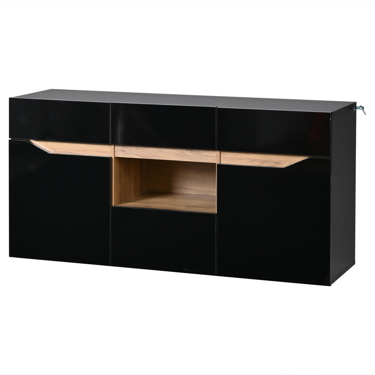 SIDEBOARD aus Spanplatte 140x40x70 cm Schwarz/Naturholz mit LED-Beleuchtung, 4 Schubladen, 2 Schränken und Hochglanz-Front - Schwarz, Holzwerkstoff (140/70/40cm) - Modfu