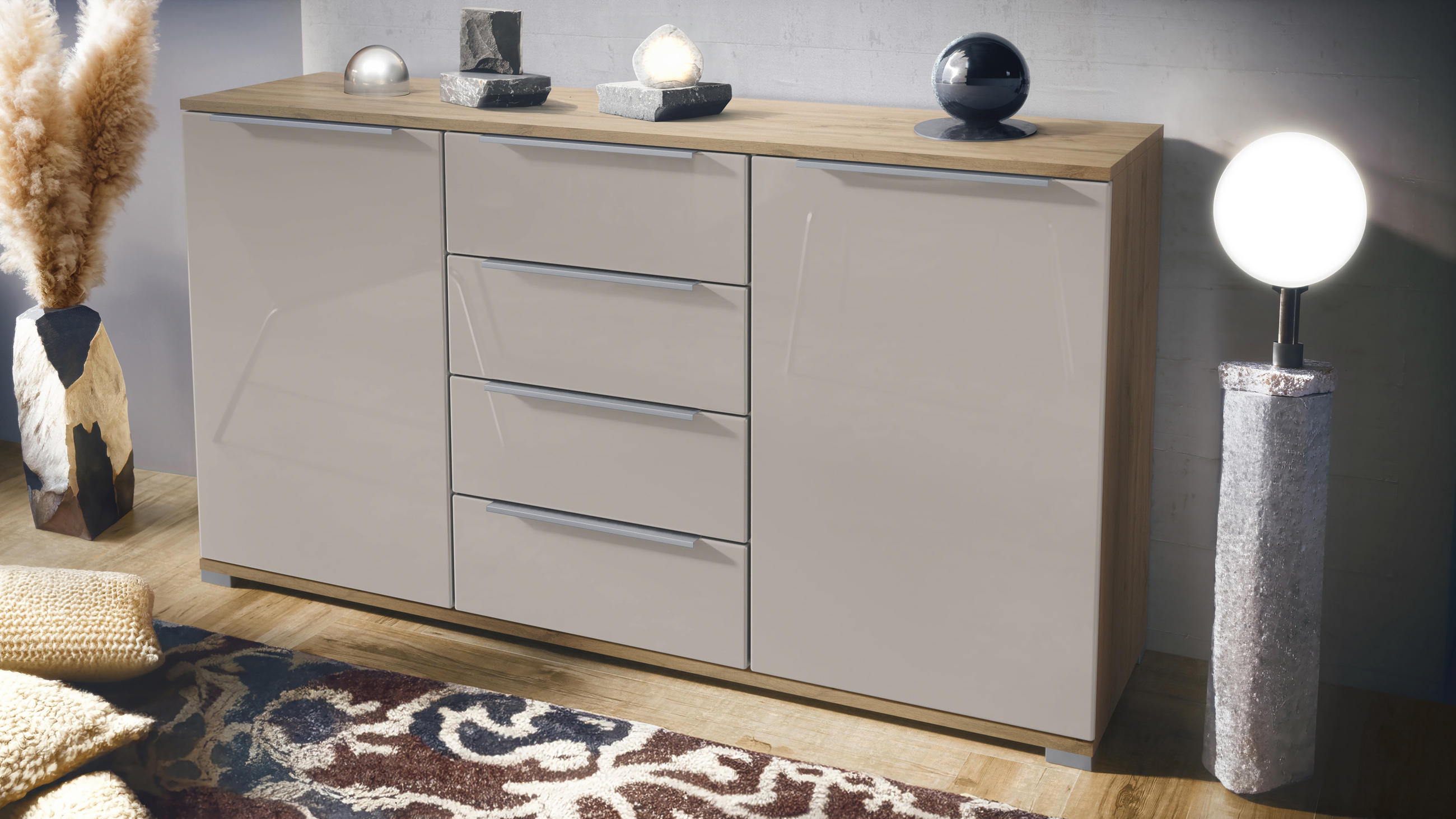 SIDEBOARD Linio Sandgrau Hochglanz - Sandfarben, Holzwerkstoff (138.5/75.5/35cm) - Vladon