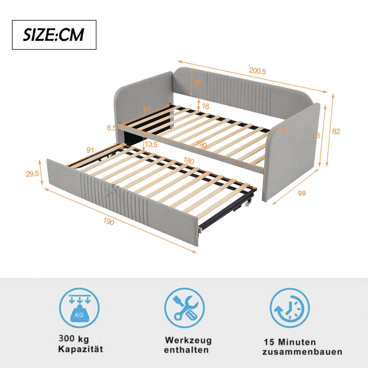 SCHLAFSOFA Ausziehbares 90/180 cm mit Lattenrost aus Leinenstoff grau - Grau, Textil (90/180cm) - OKWISH