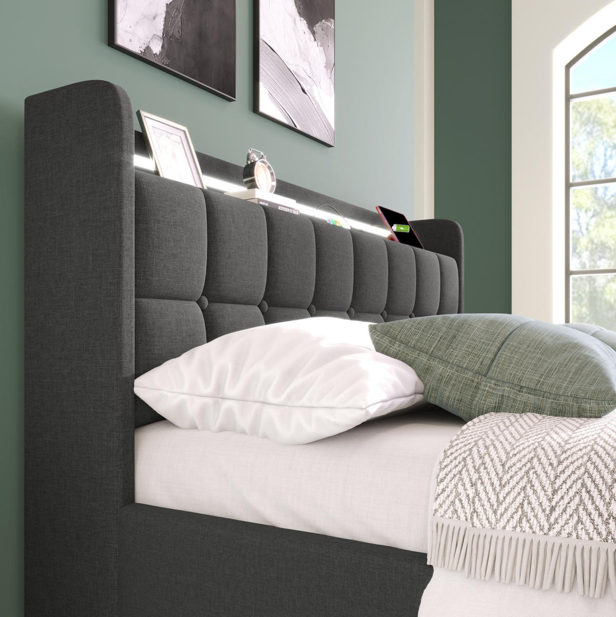 BETT mit USB und LED 140x200 cm Grau mit 4 Schubladen - Grau, Holz (140/200cm) - Meubliv