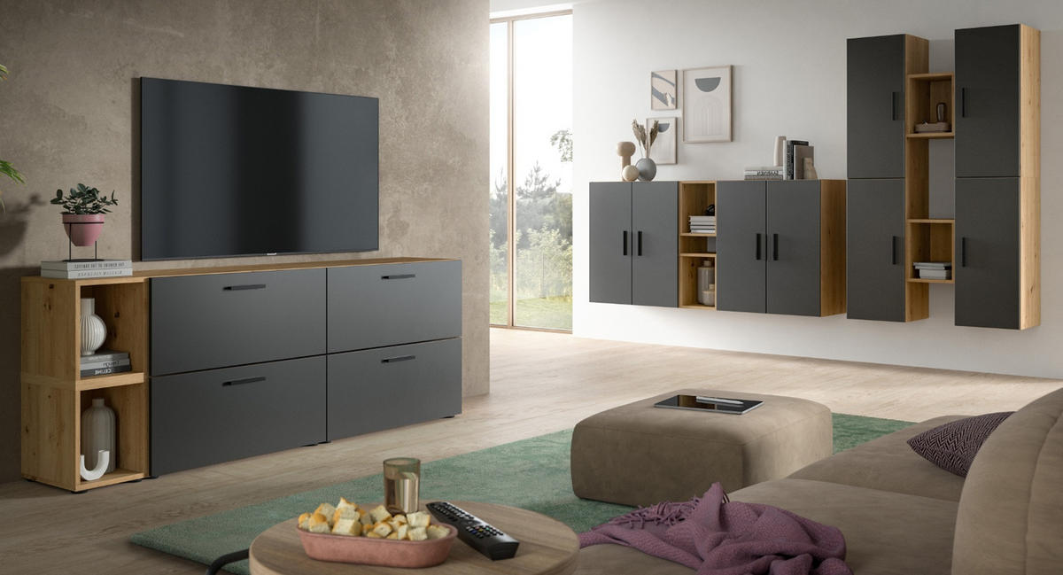 TV-LOWBOARD grau, Eiche Artisan 176 cm, Fernsehtisch hängend / stehend mit Soft-Close - Schwarz/Eiche Artisan, Holzwerkstoff/Kunststoff (176/67/34cm) - Inn.Furn