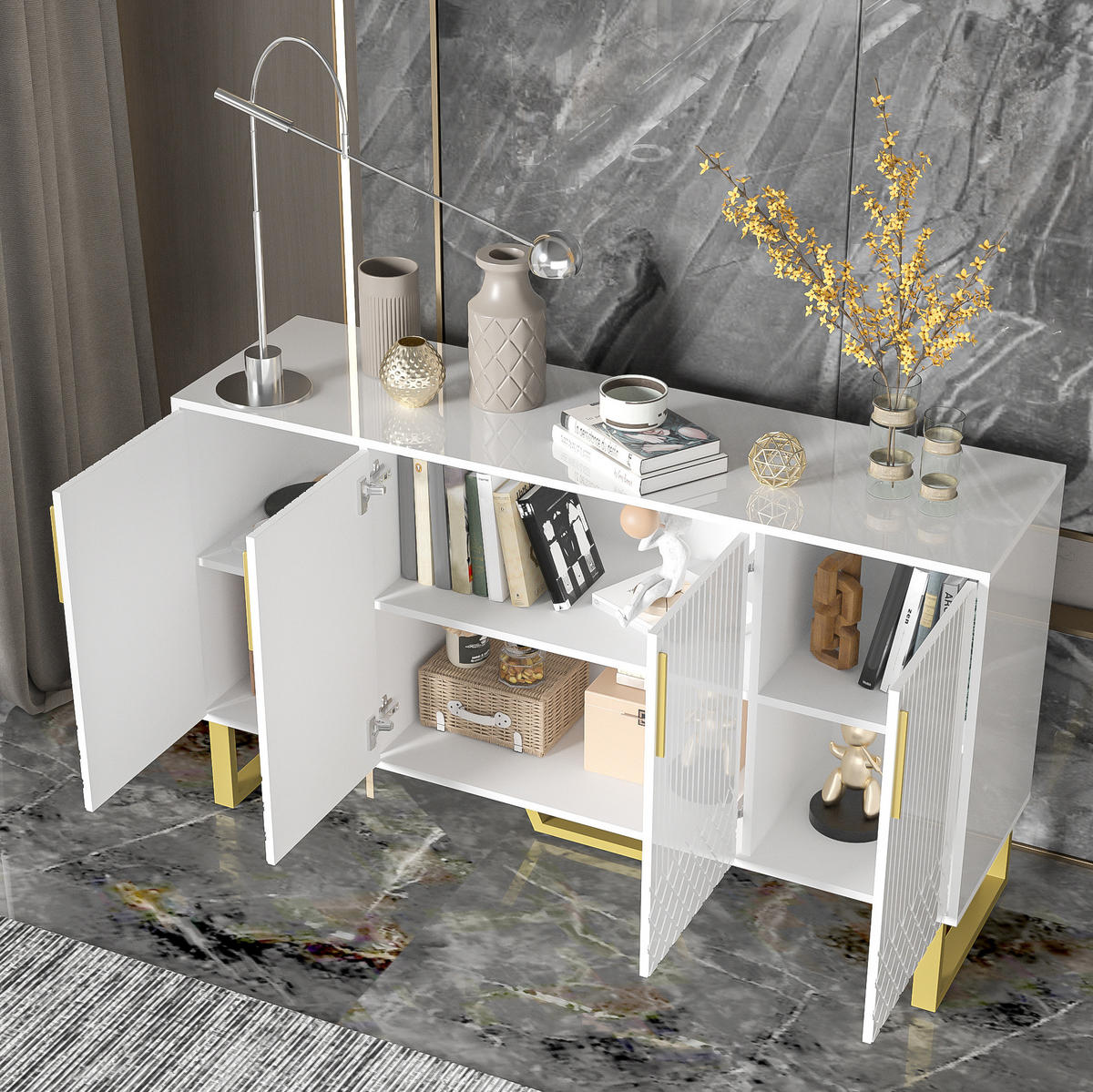 SIDEBOARD 140/40/80 cm in Weiß Hochglanz mit 4 Türen & Metallbeinen - Weiß, Holzwerkstoff (140/80/40cm) - BEAOK