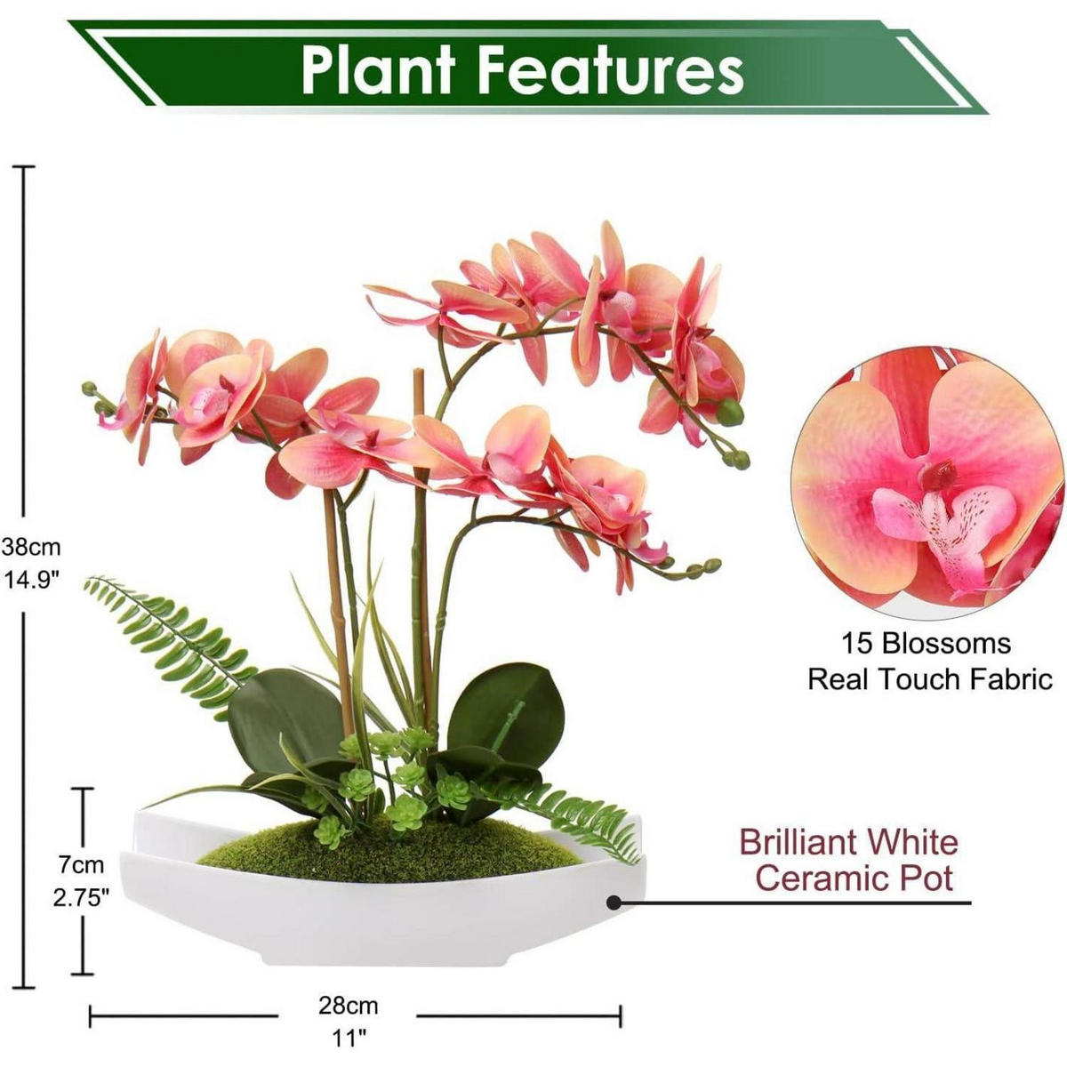 KUNSTBLUME Orchidee Phalaenopsis 3 Stiele Weiß Rosa Violett 38 cm - Multicolor, Kunststoff (40.6cm)