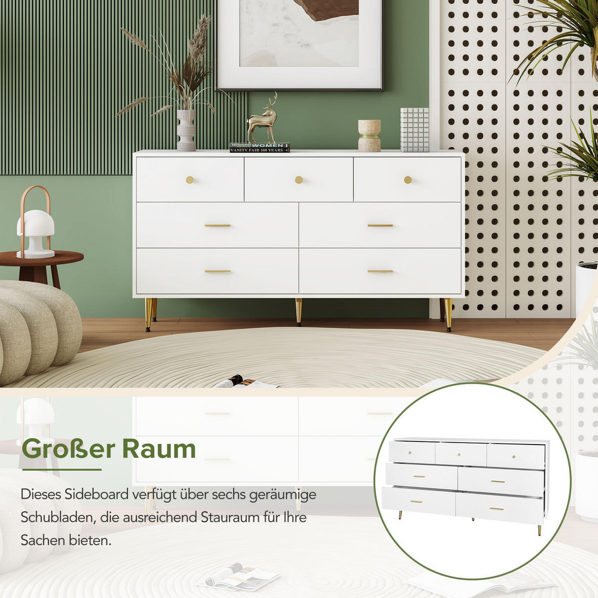 SIDEBOARD mit 6 Schubladen und Goldenen Akzenten, 140/35/76cm - Weiß, Holzwerkstoff/Metall (140/76/35cm) - Urban Meuble