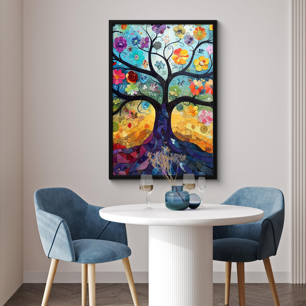 POSTER MIT RAHMEN Kunst - Baum des Lebens - Blumen - Hippie 60x90 cm - Dunkelblau, Papier (60/90cm) - MuchoWow