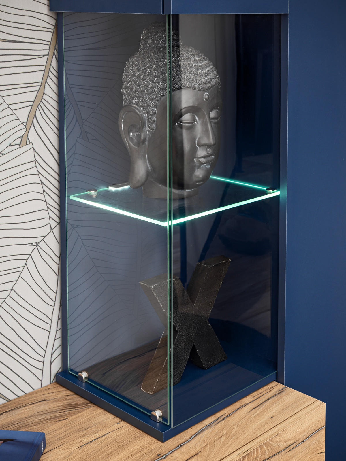 WOHNWAND Zinneiche, blau 210 cm, Schrankwand inklusive Beleuchtung - Blau/Eichefarben, Glas/Holzwerkstoff (210/162/40cm) - Furn.Design