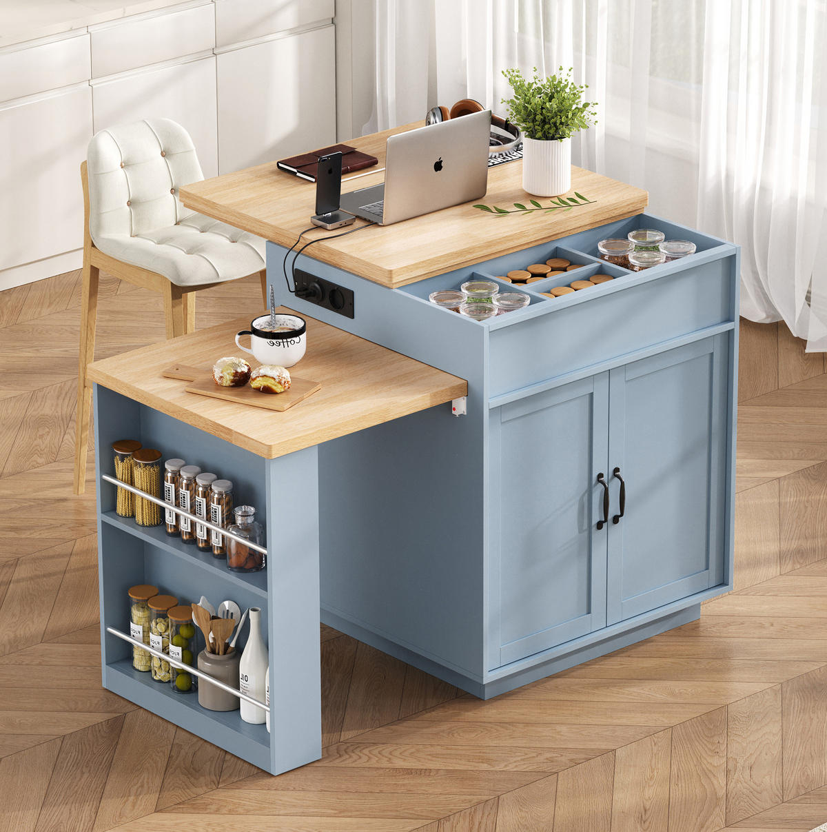 KÜCHENINSEL 125,5-187,5/71/93 cm aus MDF mit ausziehbarer Tischplatte, LED-Beleuchtung, USB/Type-C und Rollen, Blau - Hellblau, Holzwerkstoff (125.5/93/71cm) - Redom
