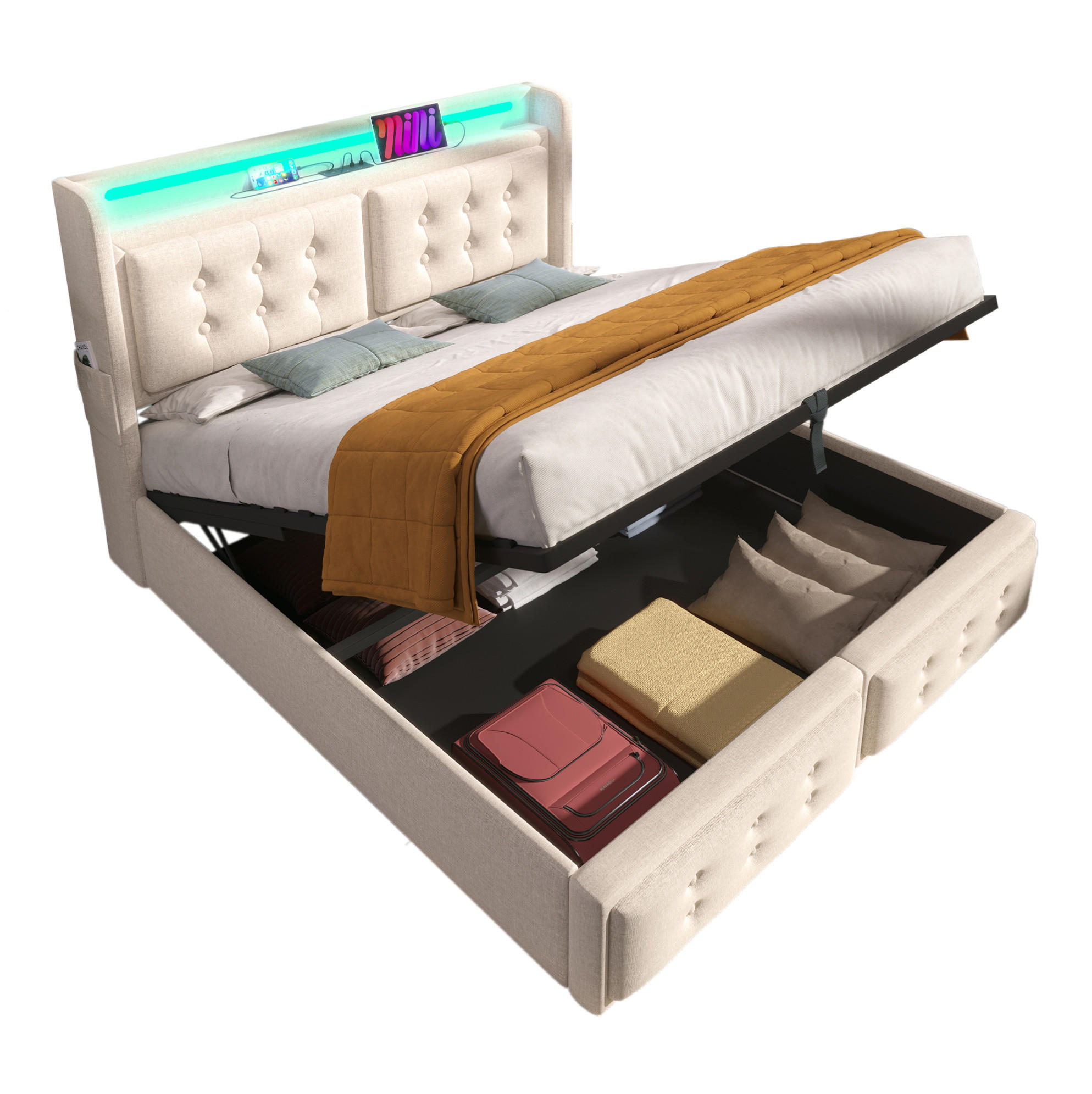 POLSTERBETT 180/200 cm mit LED-Beleuchtung, USB-C, Steckdose und Bettkasten aus Baumwoll-Leinen, Beige - Beige, Textil (180/200cm) - Redom