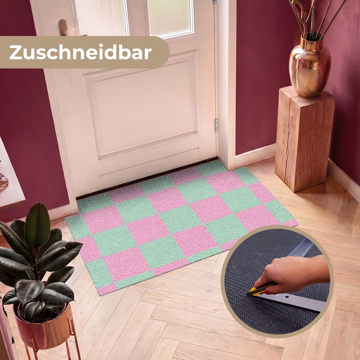 ROHOŽKA Šachovnicový vzor - zelená - růžová - kostky 120x80 cm - mátově zelená, textil/umělá hmota (120/0.4cm) - MuchoWow