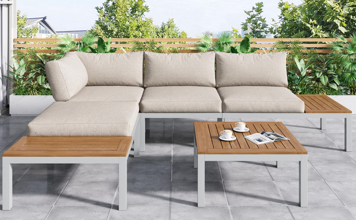 GARTENMÖBEL,2X Zweisitzer+2x Beistelltische+1x Tisch,beige - Beige, Metall - Vallsero