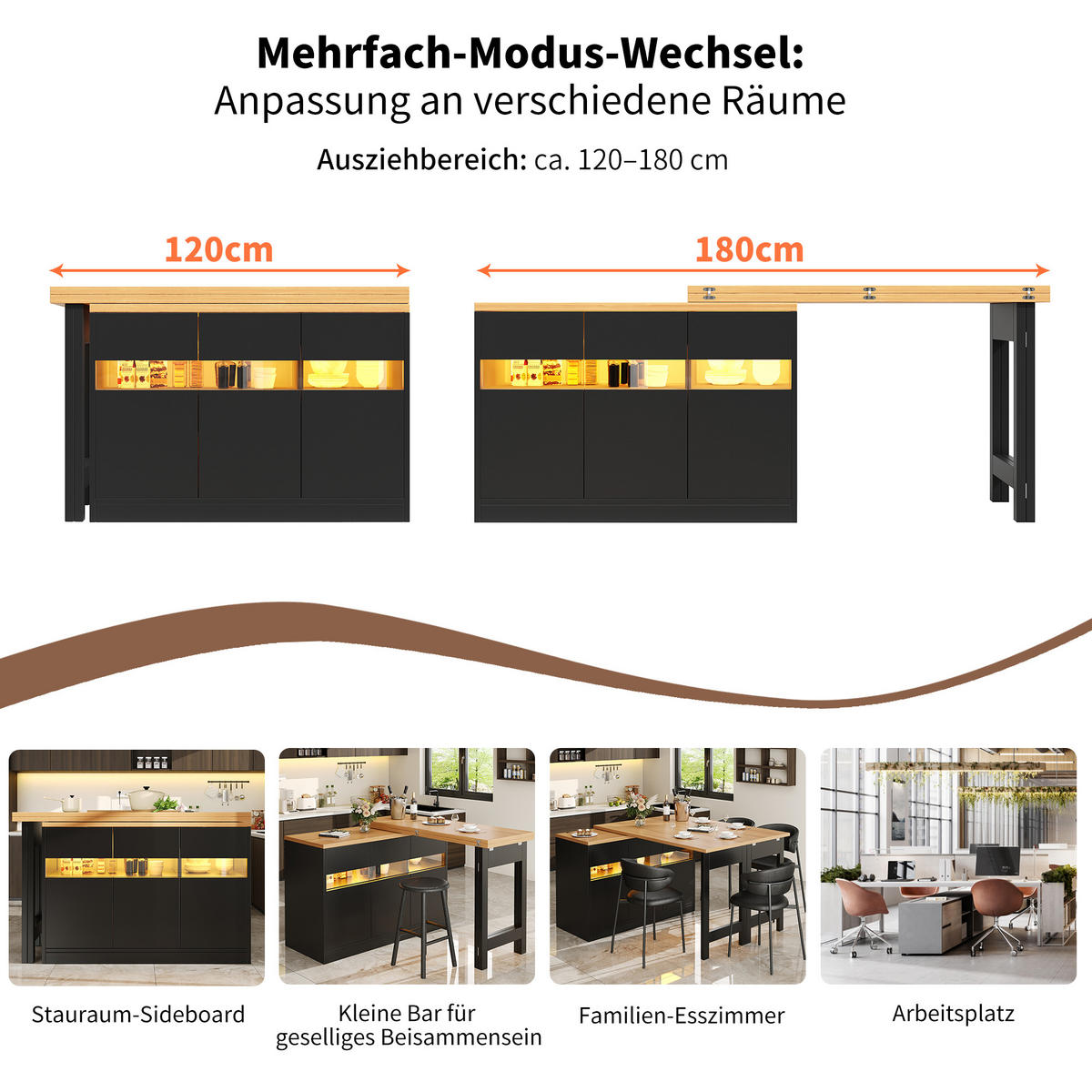 BARTISCH 360° Drehbar 120-180cm LED Stauraum - Schwarz, Holzwerkstoff (40/120/75.8cm) - FLIEKS