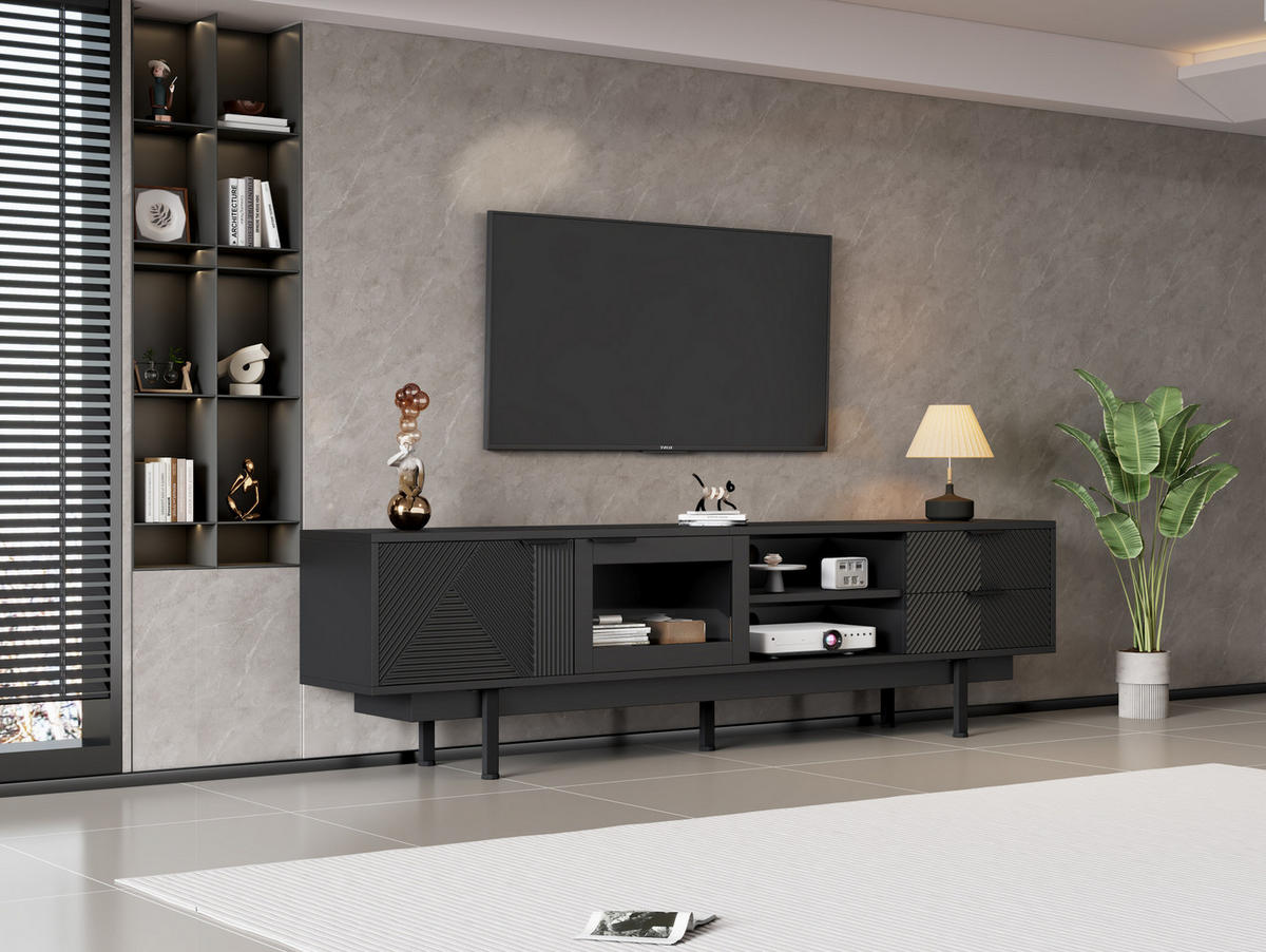 TV-SCHRANK 200/40/50,5 cm schwarz Spanplatte mit 2 Türen und 2 Schubladen - Schwarz, Holzwerkstoff (200/50.5/40cm) - OKWISH