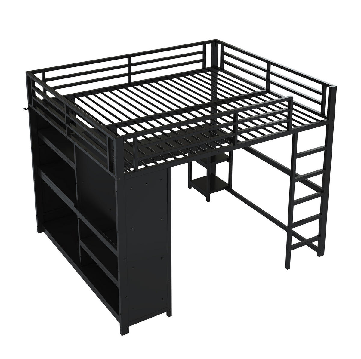 HOCHBETT aus Metall 160x200 cm Schwarz mit LED, Schreibtisch und offenem Kleiderschrank - Schwarz, Metall (90/200cm) - Modfu