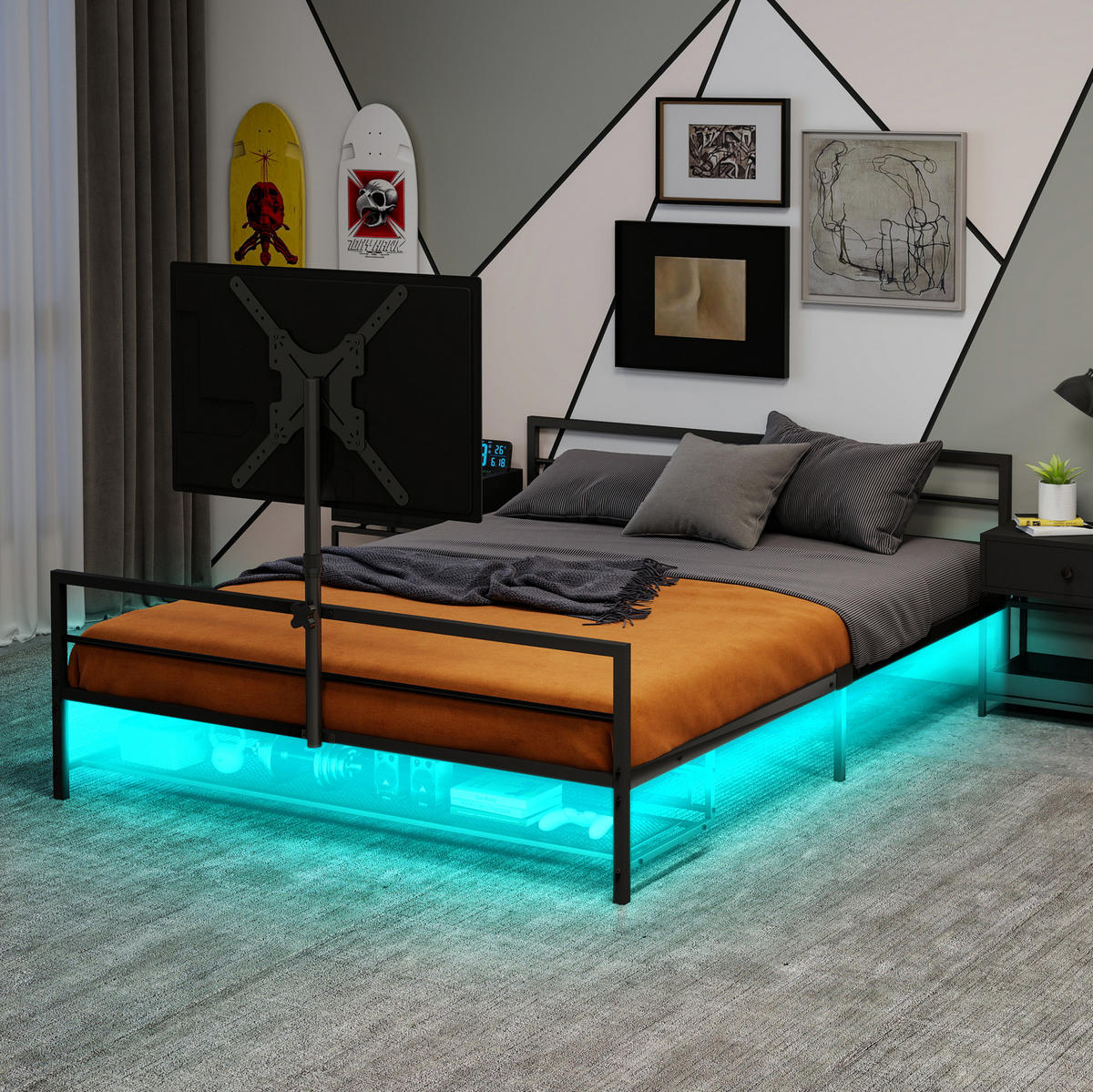 METALLBETT aus Eisen 90x200 cm Schwarz mit LED-Beleuchtung, verstellbarer Monitorhalterung und Aufbewahrungskorb - Schwarz, Metall (90/200cm) - Modfu