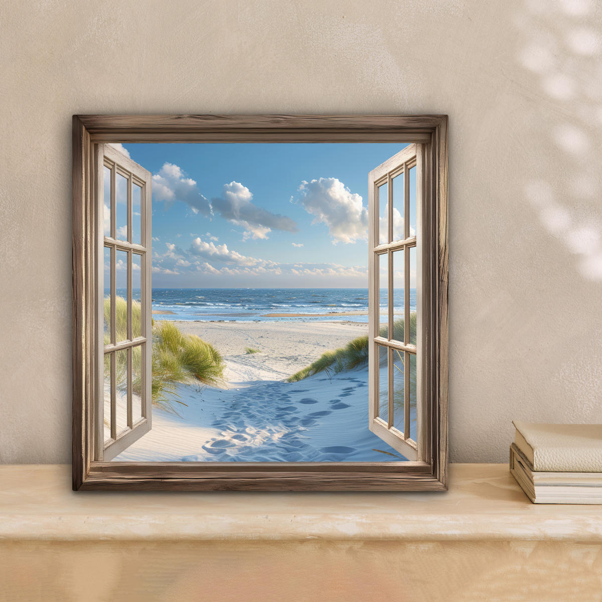 LEINWANDBILD Aussicht - Strand - Fenster - Dünen - Meer 20x20 cm - Hellblau, Textil (20/20cm) - MuchoWow