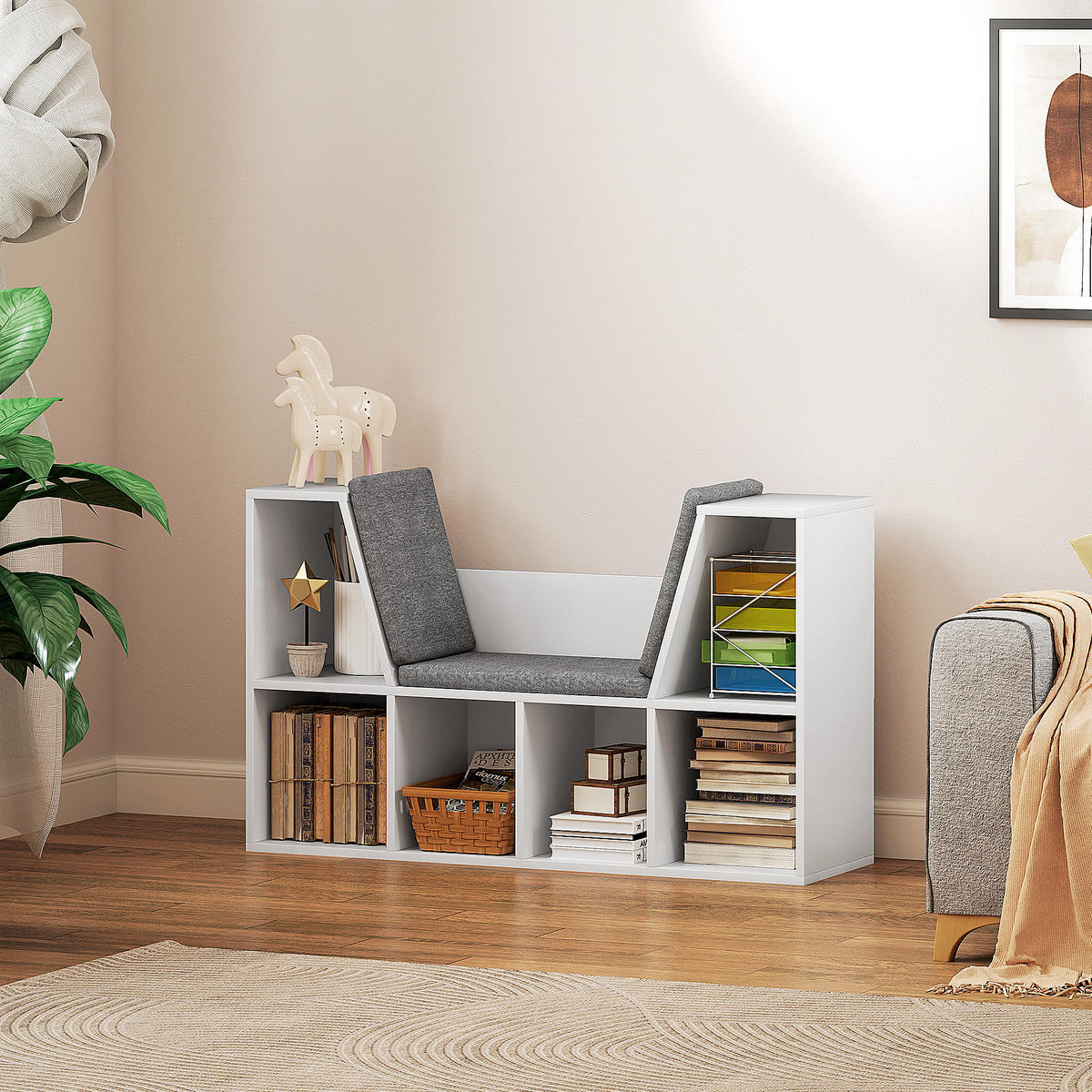 BÜCHERREGAL mit Sitzkissen, Aufbewahrungsregal mit 6 Fächern, Leinenoptik, Weiß - Weiß/Grau, Holzwerkstoff/Textil (30/63/105cm) - HOMCOM