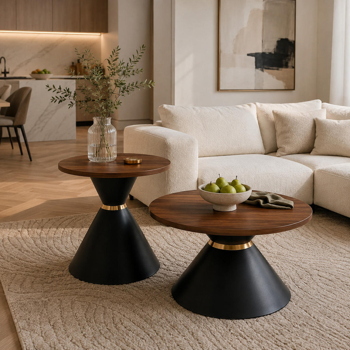 COUCHTISCH-SET DE-37439 2er-Set konusförmig mit Walnussoptik Schwarz - Walnussfarben, Metall (50/50/50.5cm) - ComfortXL