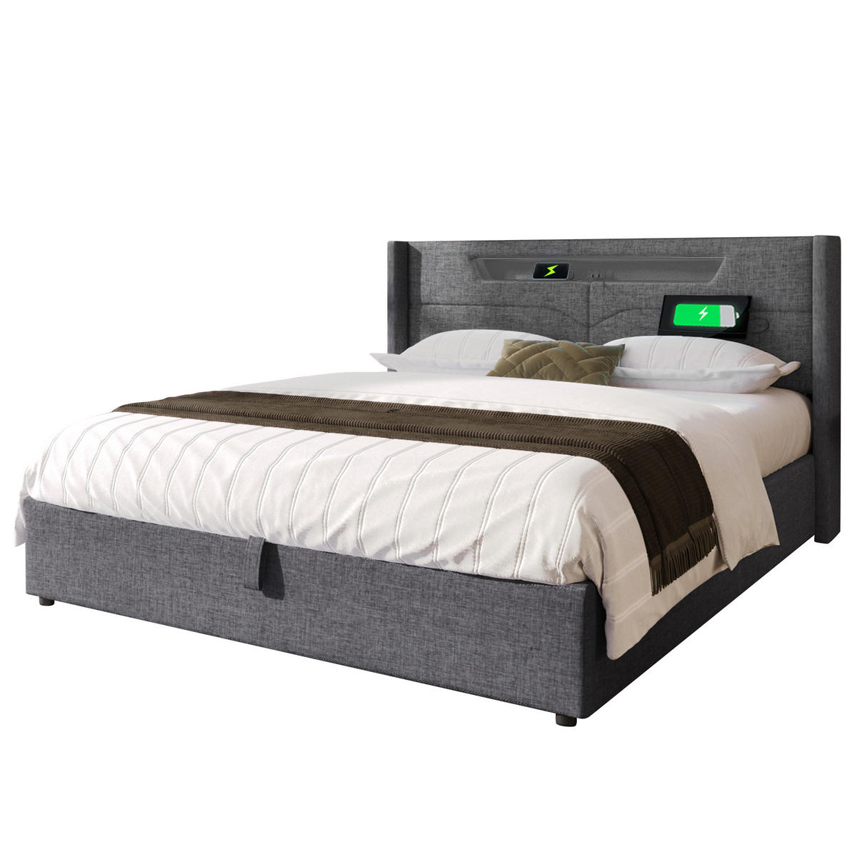 POLSTERBETT 160/200 cm Grau mit LED-Beleuchtung und USB-Anschlüssen - Grau, Textil (160/200cm) - OKWISH