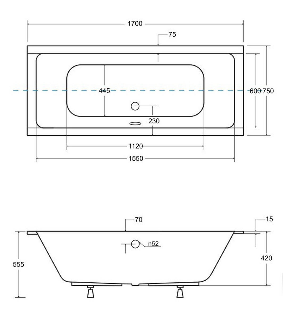BADEWANNE Rechteck QUADRO SLIM 170/75 mit Styro Ablauf Füße - Weiß, Kunststoff (75/55.5/170cm) - bad land
