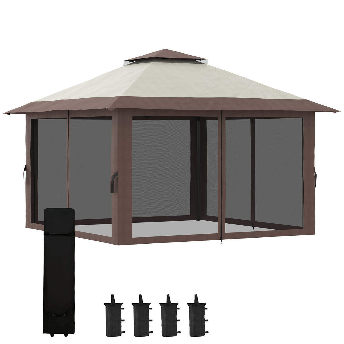 FALTPAVILLON, höhenverstellbar, 4 Netzwände, Lüftungsdach, Tragetasche, Schnellaufbau, 4 x 4 x 3 m, Beige - Beige, Textil (392/283/392cm)