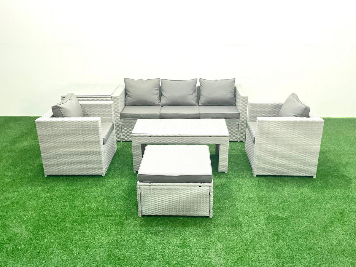 GARTENSET mit 3-SITZER SOFA,COUCHTISCH Polyrattan Hellgrau-Mix 6-Sitzer - Hellgrau/Grau, Glas/Kunststoff - Fimous