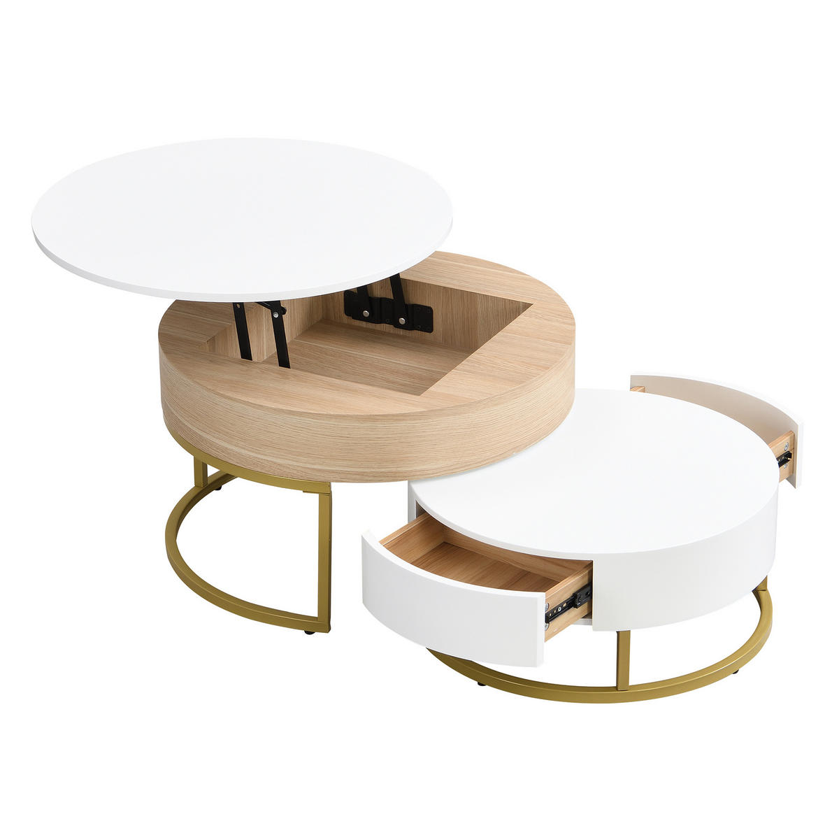 COUCHTISCH-SET aus MDF 70x70x56/60x60x27 cm Weiß und Gold mit höhenverstellbarer Platte, Schublade und Nestdesign - Weiß, Holzwerkstoff (70/70/56.5cm) - Modfu