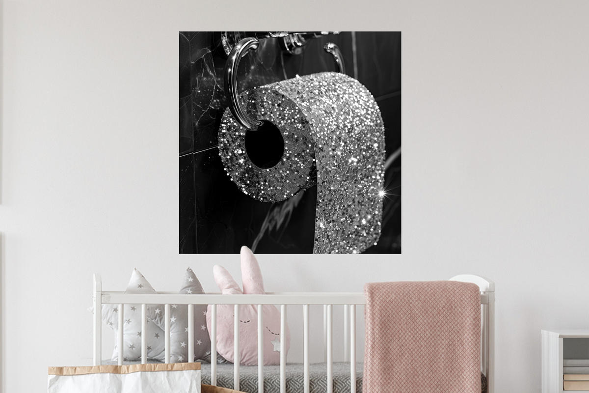 WANDTATTOO WC - Toilettenpapier - Schwarz und weiß - Glitter 50x50 cm - Silberfarben, Kunststoff (50/50/0.1cm) - MuchoWow