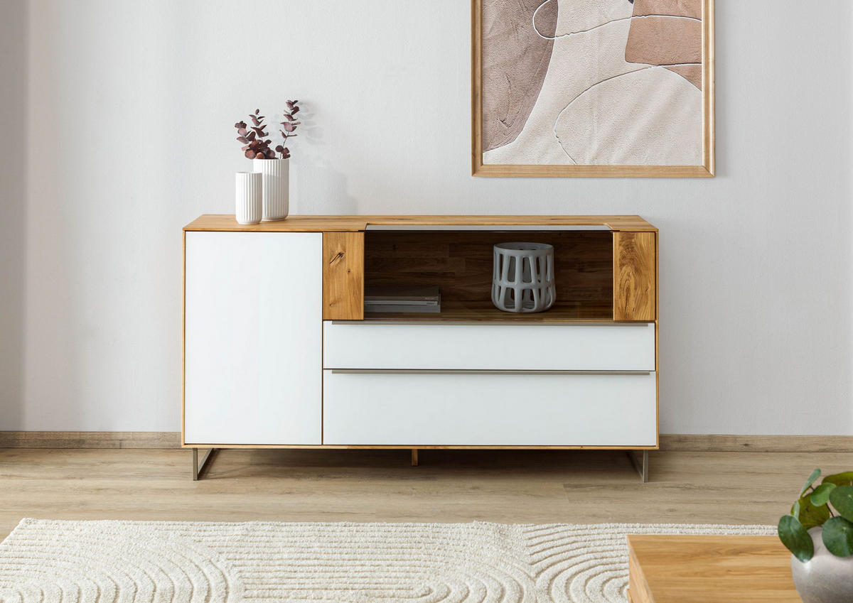 SIDEBOARD Wildeiche 160x43x87 natur geölt / Glas weiß WIEN #120 - Naturfarben, Holz (160/87/43cm) - Massivmoebel24