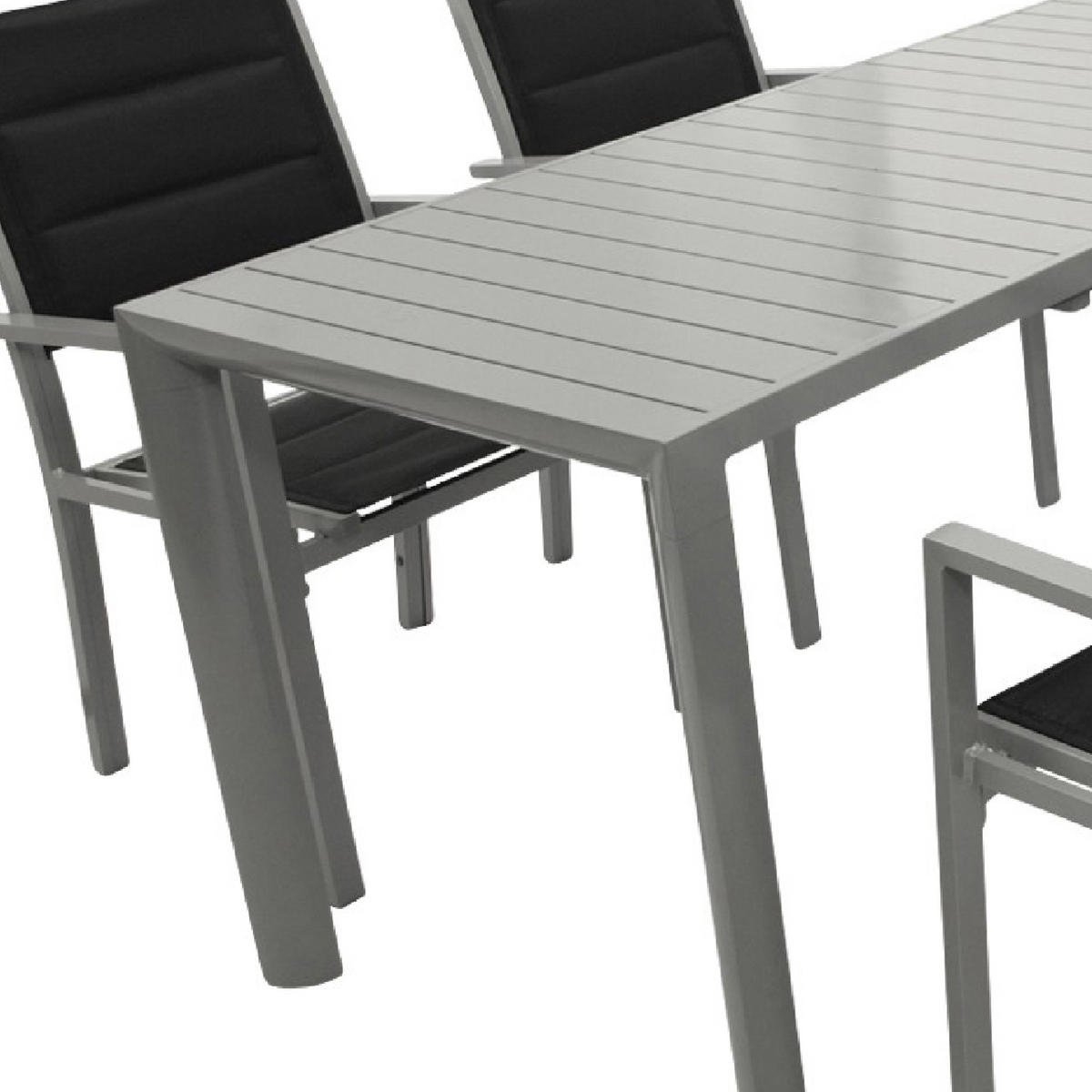 GARTEN-GARNITUR Ashford - 5-teilige Garten-Essgruppe (4x Sessel Aluminium silbergrau + Textilgewebe gepolstert schwarz Ausziehtisch - Grau, Metall - TPFGarden