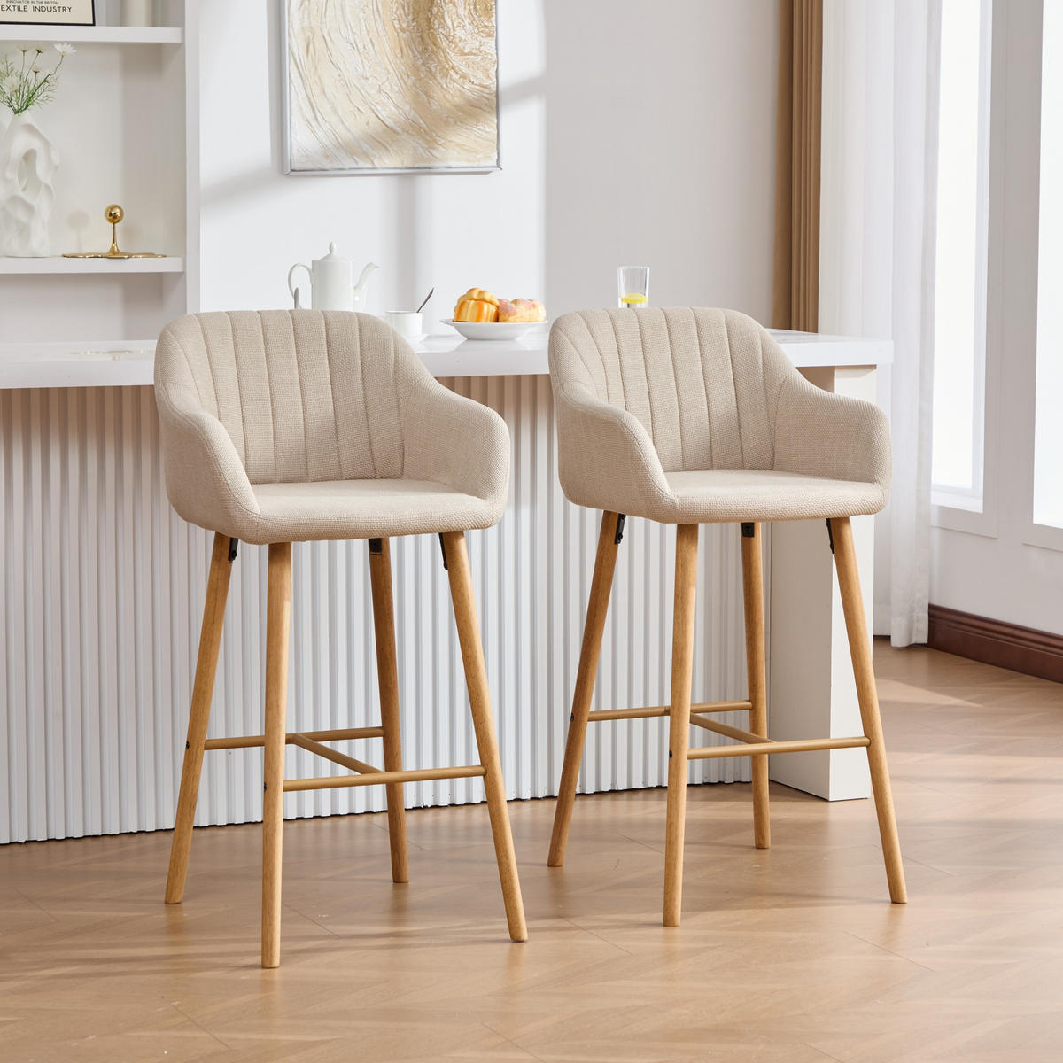 BARHOCKER,2ER-SET,BARSTÜHLE,KÜCHENSTÜHLE,LEINEN,BEIGE - Beige, Textil (55/104/51cm) - LVHOM