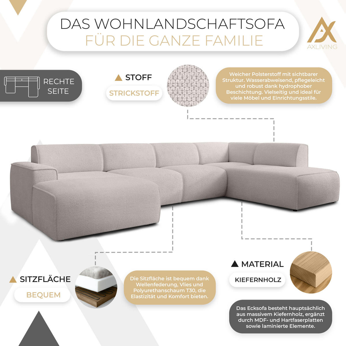 WOHNLANDSCHAFT Didim Taupe 378/220/78 cm – großes Sofa stilvoll & bequem R - Taupe/Schwarz, Kunststoff/Textil (378/78/220cm) - AX Living