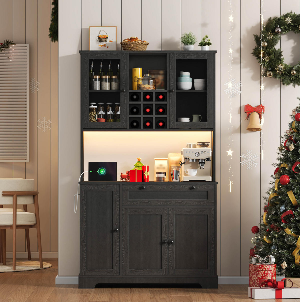 BUFFETSCHRANK 105/40/180 cm schwarz aus MDF mit LED und Steckdose - Schwarz, Holzwerkstoff (105/180/40cm) - OKWISH