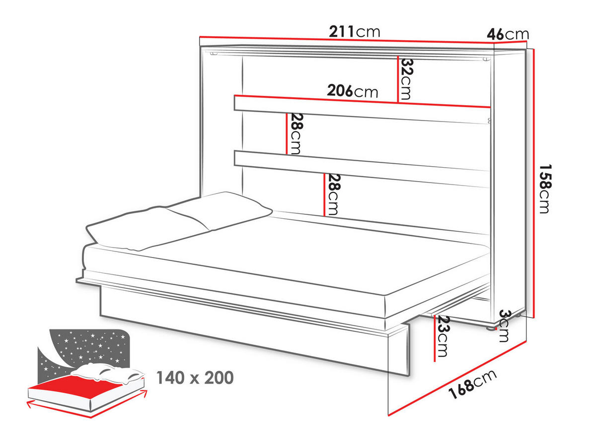 SCHRANKBETT Bed-Concept BC-04 140x200 - Weiß/Grau, Holz/Holzwerkstoff (140/200cm) - MIRJAN24