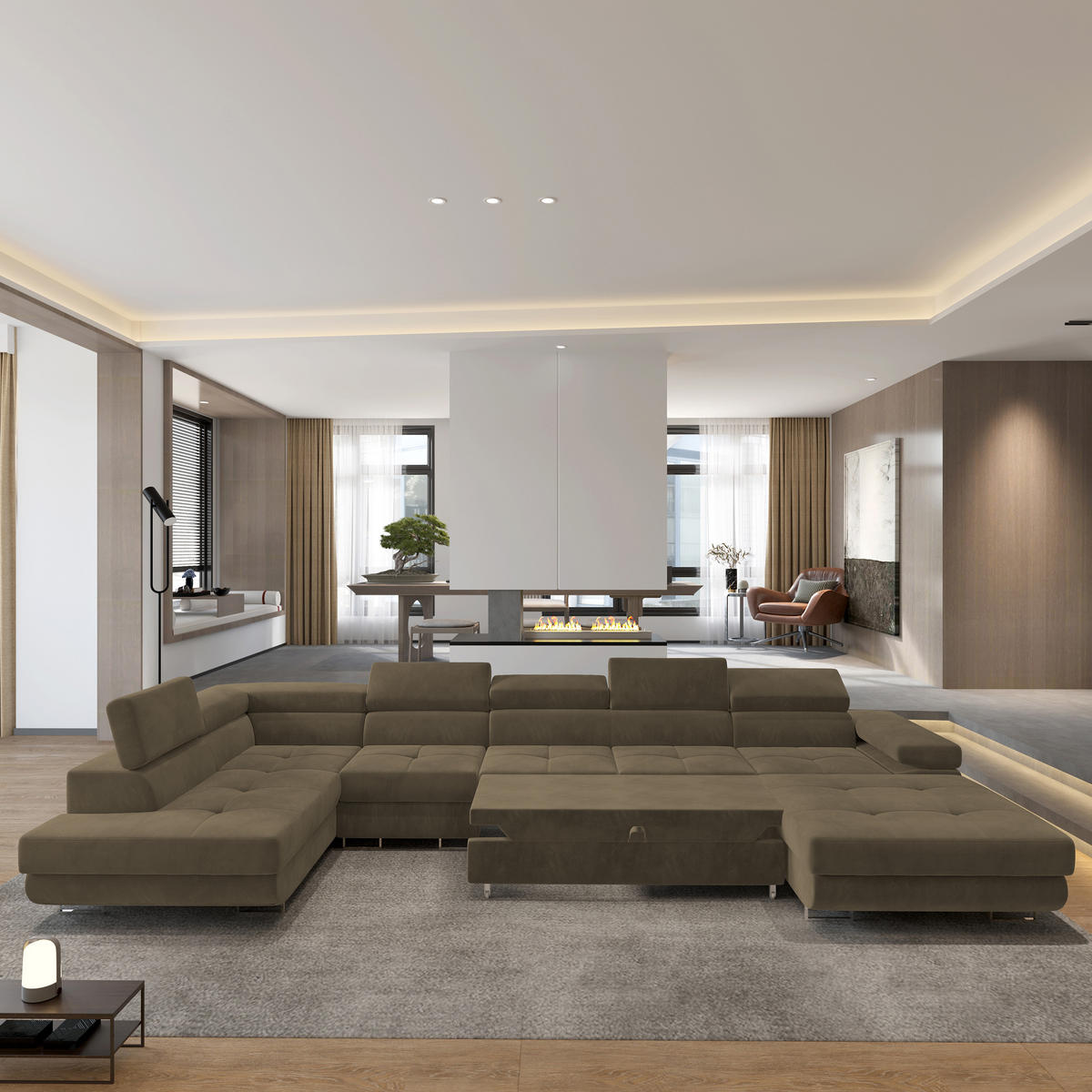 WOHNLANDSCHAFT VELORA L-S Beige Velours-Stoff mit Schlaffunktion - Beige, Holz (419/90/202cm) - MASSENO